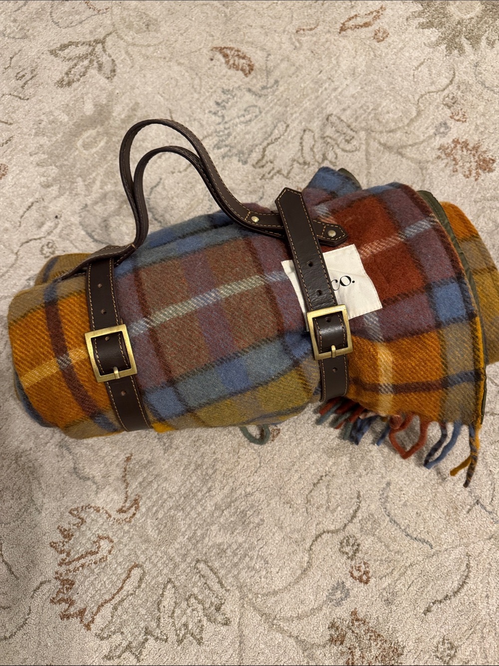 Cozy Plaid Wool Blanket with brown Leather Carry Straps - Multicolor